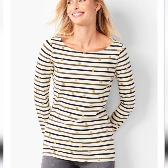 Boden Ella Long Sleeve Breton in Stripe Gold Polka Dot Sz 10 Cotton Tee - Picture 1 of 9